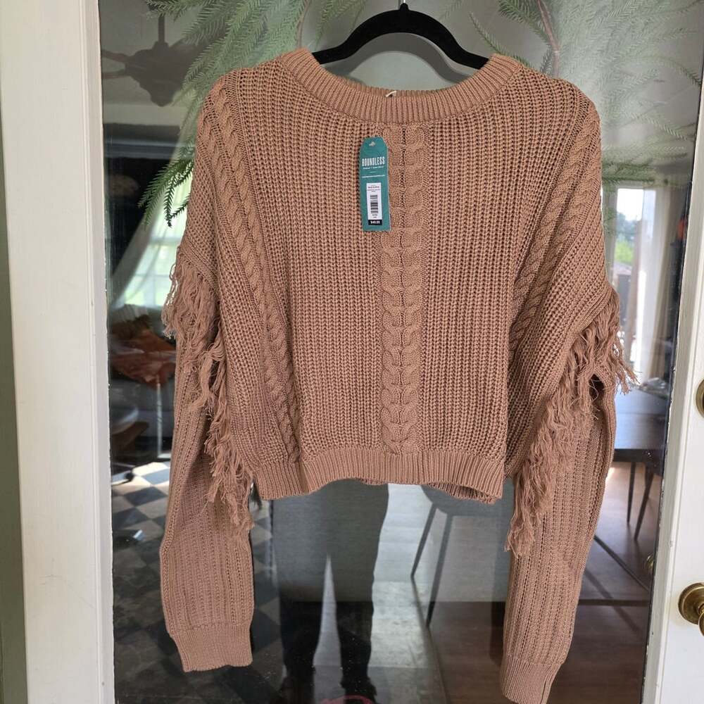 Earthbound Trading Co. Cable Knit Fringe Sweater Size L Tan